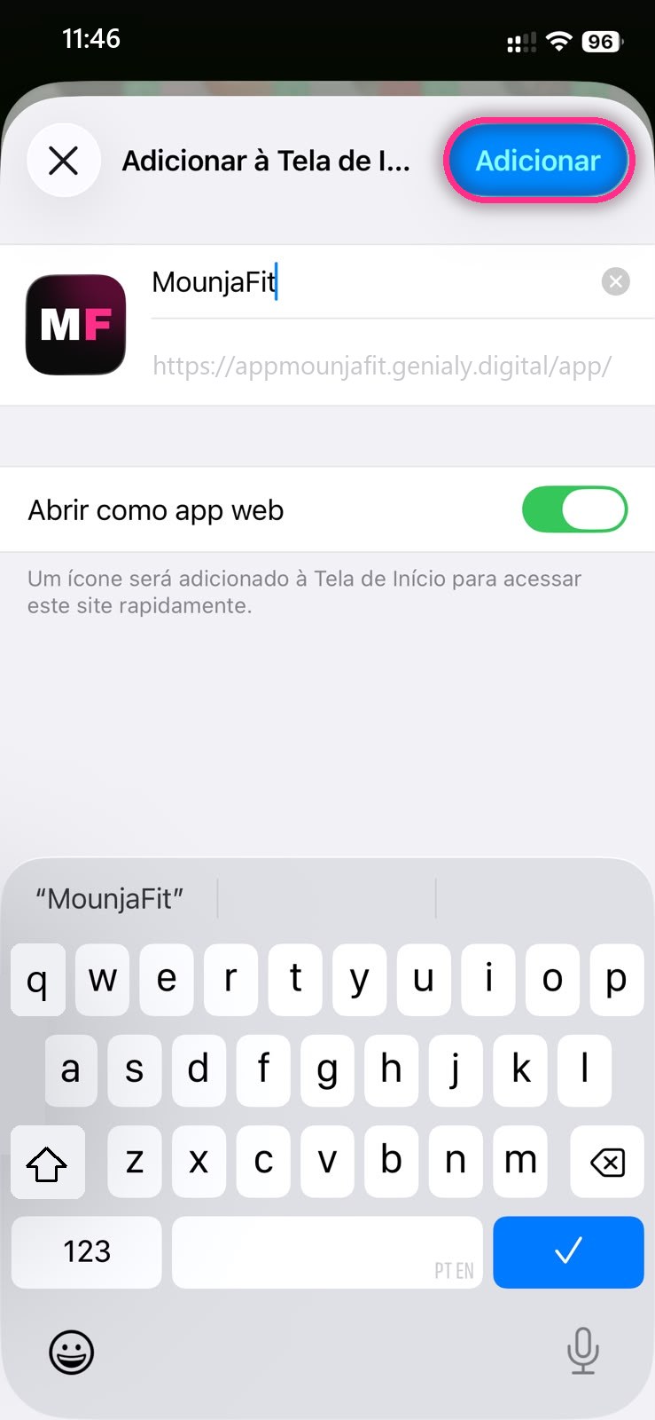 Tela de confirmação com o nome MounjaFit e o botão Adicionar